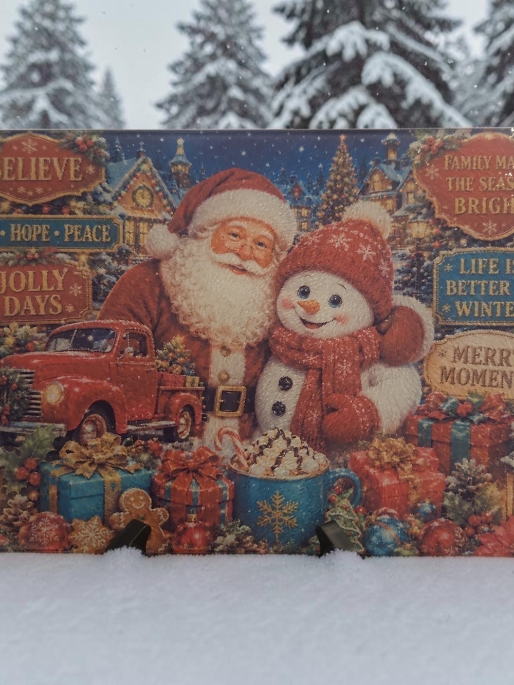 Holiday Santa & Snowman Decorative Glass Cutting Board- Hand Crafted. NEW